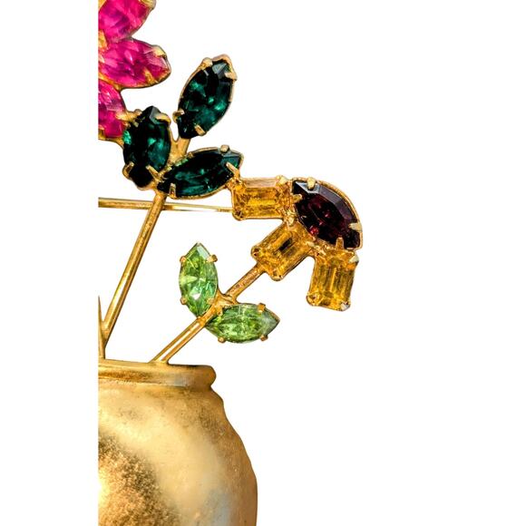 VTG Mid-Century Multi-Color Glass Stone Flowers in Gold Tone Flower Pot Brooch - Picture 7 of 9